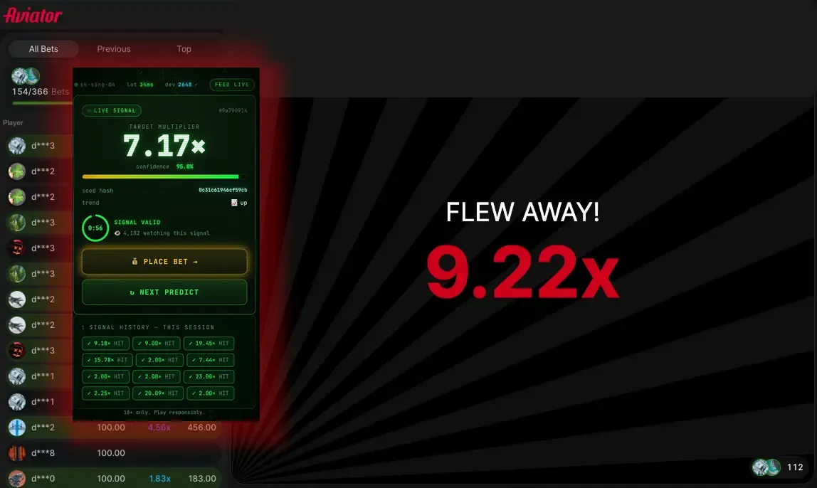 Aviator round result screen showing that the plane flew away while a predictor panel remains visible