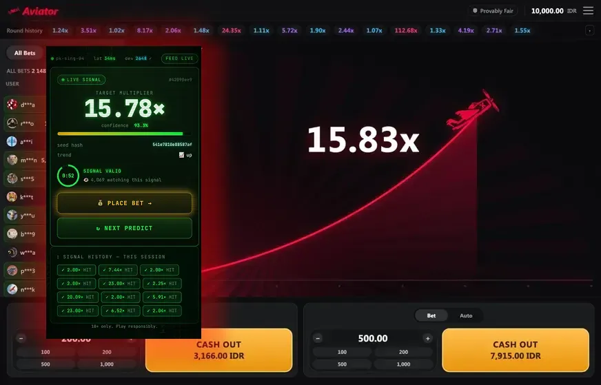 Aviator Predictor interface showing previous simulated signal outcomes and the Aviator game