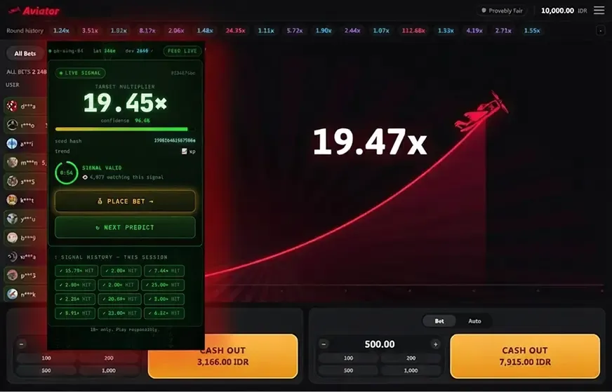 Aviator Predictor dashboard with a 19.45x simulated target beside a completed Aviator round