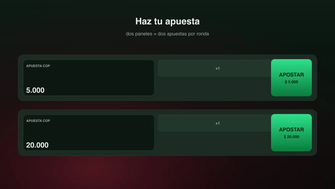 Panel de Aviator con importe, botones de ajuste y botón verde para apostar